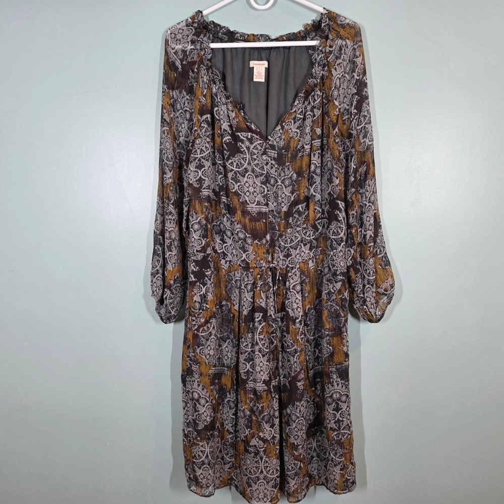 Sundance Silk Midi Dress Womens Large L Boho Geometric Print Pockets V-Neck Grey